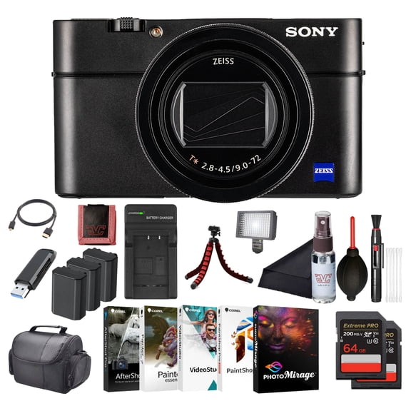 Sony Cyber-shot RX100 VII Digital Camera (DSC-RX100M7) 20.1MP 1-Inch Stacked CMOS Sensor | ZEISS 24200 mm Zoom Lens | 2 x 64GB Card, Case, 3 x NP-BX1 Battery, Card Reader, Photo Software and More