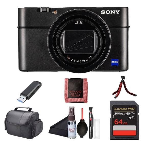 Sony Cyber-shot RX100 VII Digital Camera (DSC-RX100M7) 20.1MP 1-Inch Stacked CMOS Sensor | ZEISS 24200 mm Zoom Lens |64GB Card, Case, Card Reader, Flex Tripod, Card Wallet, Cleaning Kit