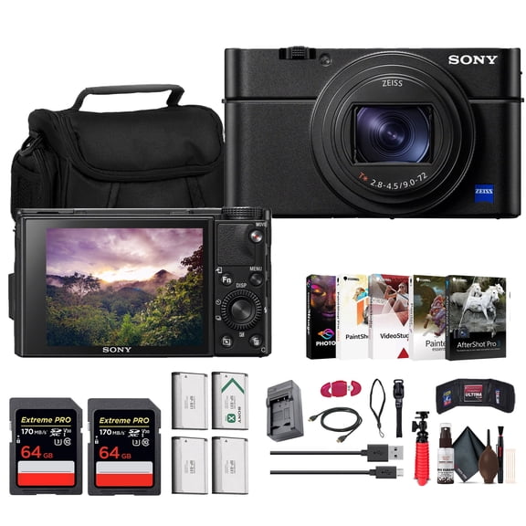 Sony Cyber-shot RX100 VII Digital Camera (DSC-RX100M7), 20.1MP, 24-200mm Zoom Lens, 2 x 64GB Cards, Case and 3 NP-BX1 Batteries
