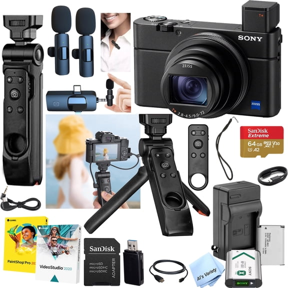 Sony CyberShot RX100 VII + 64GB Extreme Memory, Wireless Lavalier Microphones, Shooting Grip Tripod w/ Remote Shutter, Grip, Software, and More (Video Creator Bundle) - International Version