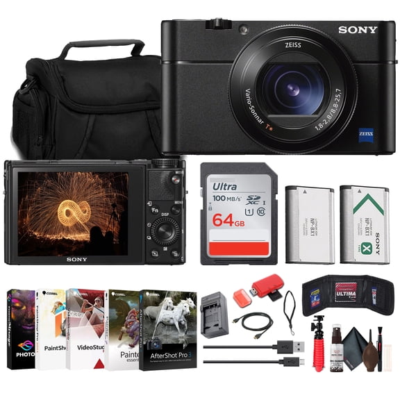 Sony Cybershot DSC-RX100 VA Compact Digital Camera (DSC-RX100M5A/B) + Case + 64GB Card + NP-BX1 Battery + Card Reader + Photo Software + Charger + Flex Tripod + Memory Wallet + More