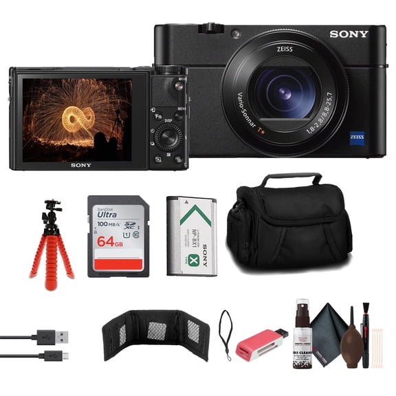 Sony Cybershot DSC-RX100 VA Premium Compact Digital Camera (DSC-RX100M5A/B) + Case + 64GB Card + Card Reader + Flex Tripod + Cleaning Kit and More