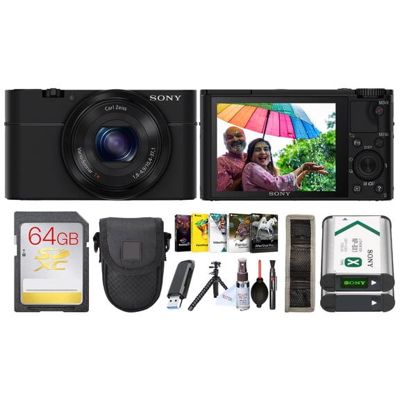 Sony DSC-RX100 Digital Camera with 20.2MP 1-Inch Sensor | Compact Premium Point & Shoot for Travel and Daily Use + 64GB Memory Card + Case + Tripod + Accessories Bundle (12pc)