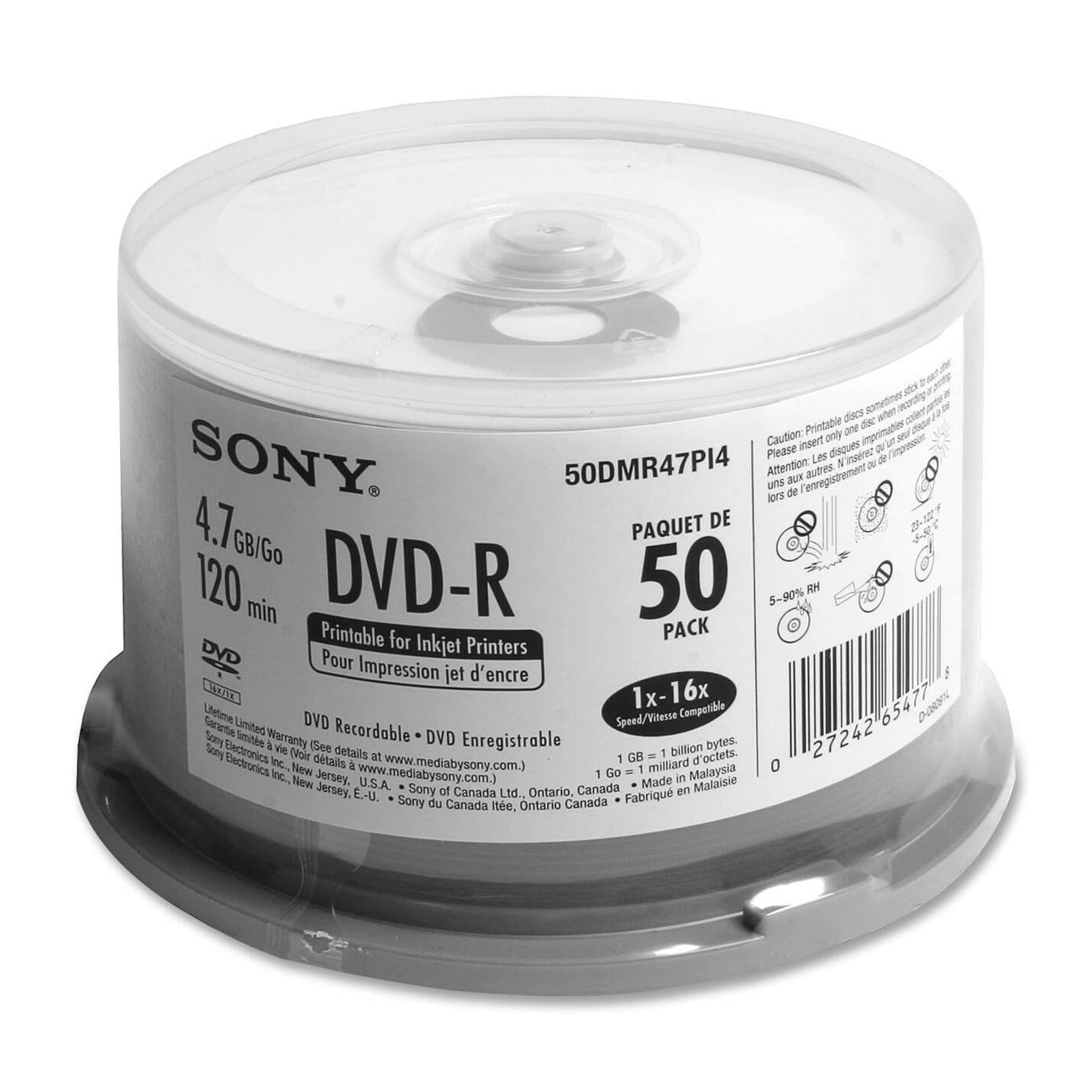 4.70　DVD-R,　Spindle　Sony　Media,　16x,　Pack　DVD　50　Recordable　GB,