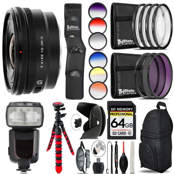 Sony E 10-20mm f/4 PZ G Lens +13 Piece Filter & More- 64GB Accessory Kit (International Version)