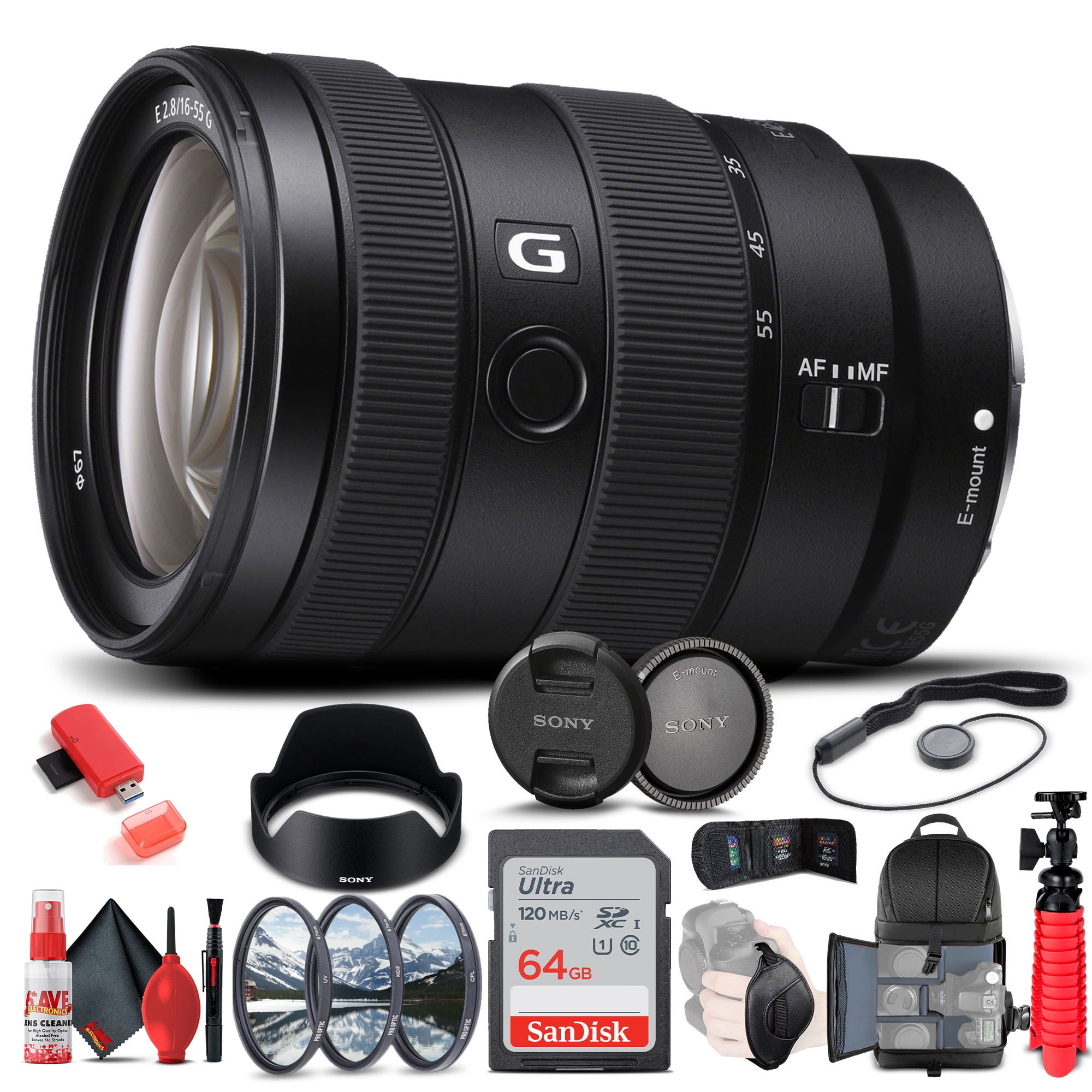 Sony E 16-55mm f/2.8 G Lens (SEL1655G) Filter Kit BackPack 64GB