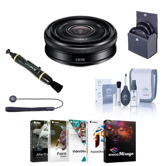 Sony E 20mm f/2.8 Lens for Sony E, Black, Bundle with 49mm Filter Kit, Lens Cleaner, Cleaning Kit, Lens Cap Tether, PC Software Kit