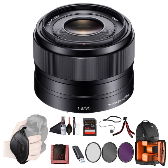 Sony E 35mm F1.8 OSS Standard Prime Lens (SEL35F18)  APS-C E-Mount | Bright F1.8 Aperture | Built-In Optical SteadyShot | BackPack, 64GB Card, Flex Tripod, Cap Keeper, Cleaning Kit and More