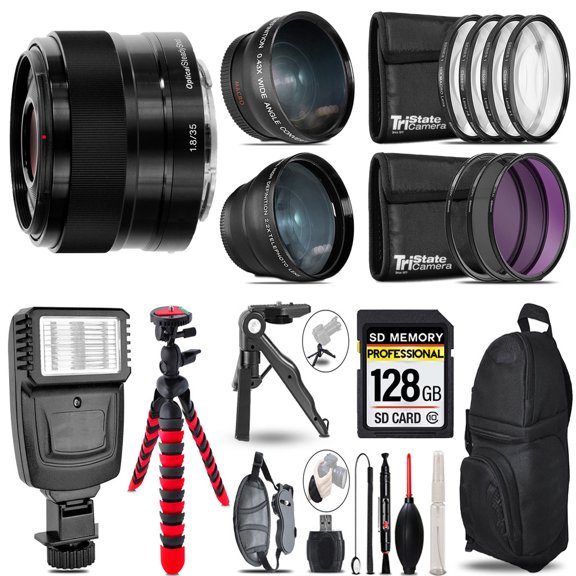 Sony E 35mm f/1.8 OSS Lens -3 Lens Kit + Slave Flash + Tripod - 128GB Accessory Bundle (International Version)