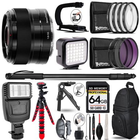 Sony E 35mm f/1.8 OSS Lens - Video Kit + Slave Flash + Monopad - 64GB Accessory Bundle (International Version)