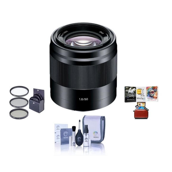 Sony E 50mm f/1.8 OSS Lens for Sony E, Black, Bundle with 49mm Filter Kit, Cleaning Kit, Mac Software Kit