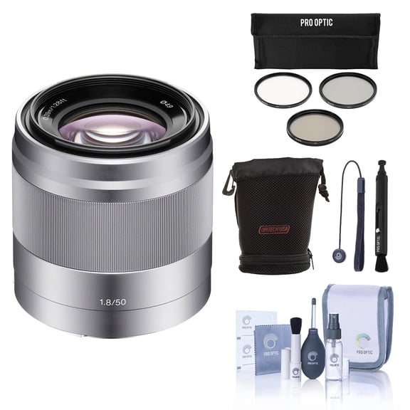 Sony E 50mm f/1.8 OSS Lens for Sony E, Silver, Bundle with 49mm Filter Kit, Lens Case, Lens Cleaner, Cleaning Kit, Lens Cap Tether