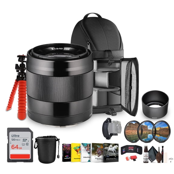 Sony E 50mm f/1.8 OSS Standard Prime Lens | Fast Aperture E-Mount with Optical SteadyShot (SEL50F18/B) + Sling Backpack + Photo Software + 64GB Memory Card + Lens Filter Kit + Tripod + More