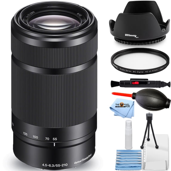 Sony E 55-210mm f/4.5-6.3 OSS E-Mount Lens (Black) - Essential Bundle Includes: Tulip Hood Lens, UV Filter, Cleaning Pen, Blower, Microfiber Cloth and Cleaning Kit