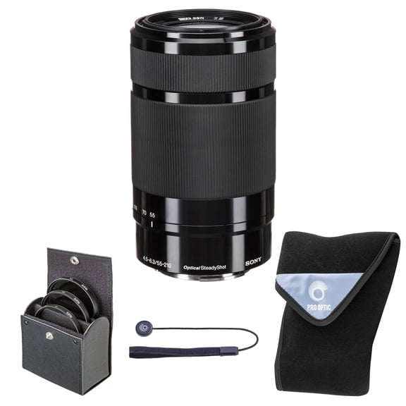Sony E 55-210mm f/4.5-6.3 OSS Lens, Black, Bundle with 49mm Digital Essentials Filter Kit and 15x15" Lens Wrap