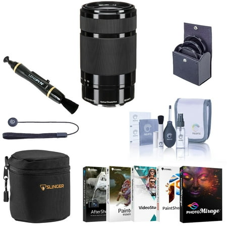 Sony E 55-210mm f/4.5-6.3 OSS Lens for Sony E, Black, Bundle with 49mm Filter Kit, Lens Case, Lens Cleaner, Cleaning Kit, Lens Cap Tether, PC Software Kit