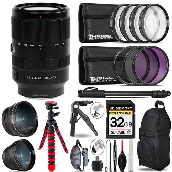 Sony E 70-350 F/4.5-6.3 G OSS Lens - 3 Lens Kit + Tripod + Backpack - 32GB Accessory Bundle (International Version)
