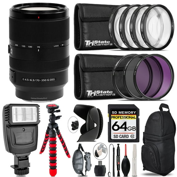 Sony E 70-350 F/4.5-6.3 G OSS Lens + Flash +  Tripod & More - 64GB Accessory Kit (International Version)