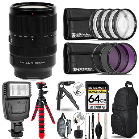 Sony E 70-350 F/4.5-6.3 G OSS Lens + Slave Flash + MACRO, UV-CPL-FLD - 64GB Accessory Bundle (International Version)