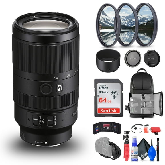 Sony E 70-350mm f/4.5-6.3 G OSS Lens (SEL70350G) Wildlife Bundle including 64GB Card, Filter Kit, Backpack and Tripod (International Model)