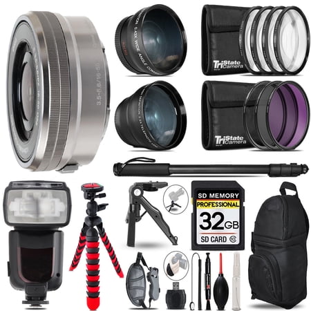 Sony E PZ 16-50mm f/3.5-5.6 OSS Lens (Silver) - 3 Lens Kit + Monopod - 32GB Accessory Bundle (International Version)