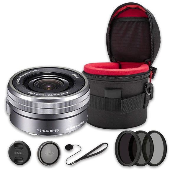 Sony E PZ 16-50mm f/3.5-5.6 OSS Lens (Silver) | APS-C Power Zoom, Optical SteadyShot (SEL1650PS) + Filter Kit + Case + Cap Keeper