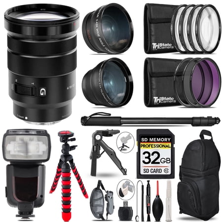 Sony E PZ 18-105mm f/4 G OSS Lens - 3 Lens Kit + Monopod - 32GB Accessory Bundle