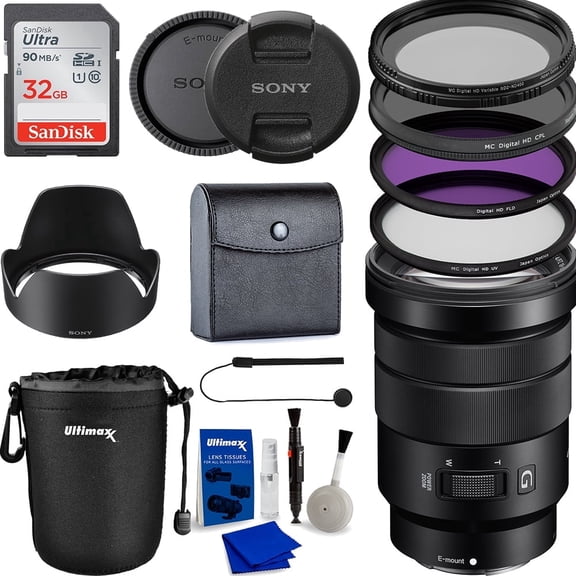 Sony E PZ 18-105mm f/4 G OSS Lens (International Model) Accessory Bundle with Lens Pouch, 32GB SanDisk Memory Card, 3PC UV/CPL/FLD Filters, Variable ND Filter & More