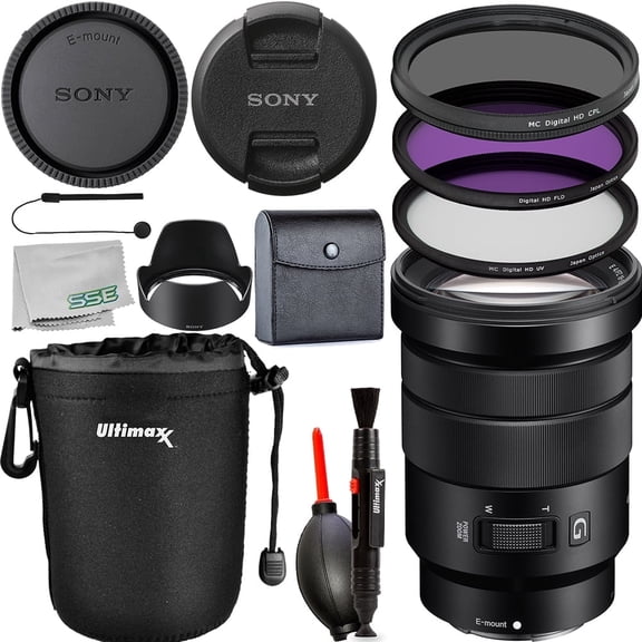 Sony E PZ 18-105mm f/4 G OSS Lens (International Model) with Starter Bundle Water-Resistant Pouch, 3-Piece HD Filter Kit (UV, CPL, FLD), Lens Cap Keeper & Accessories (International Model)