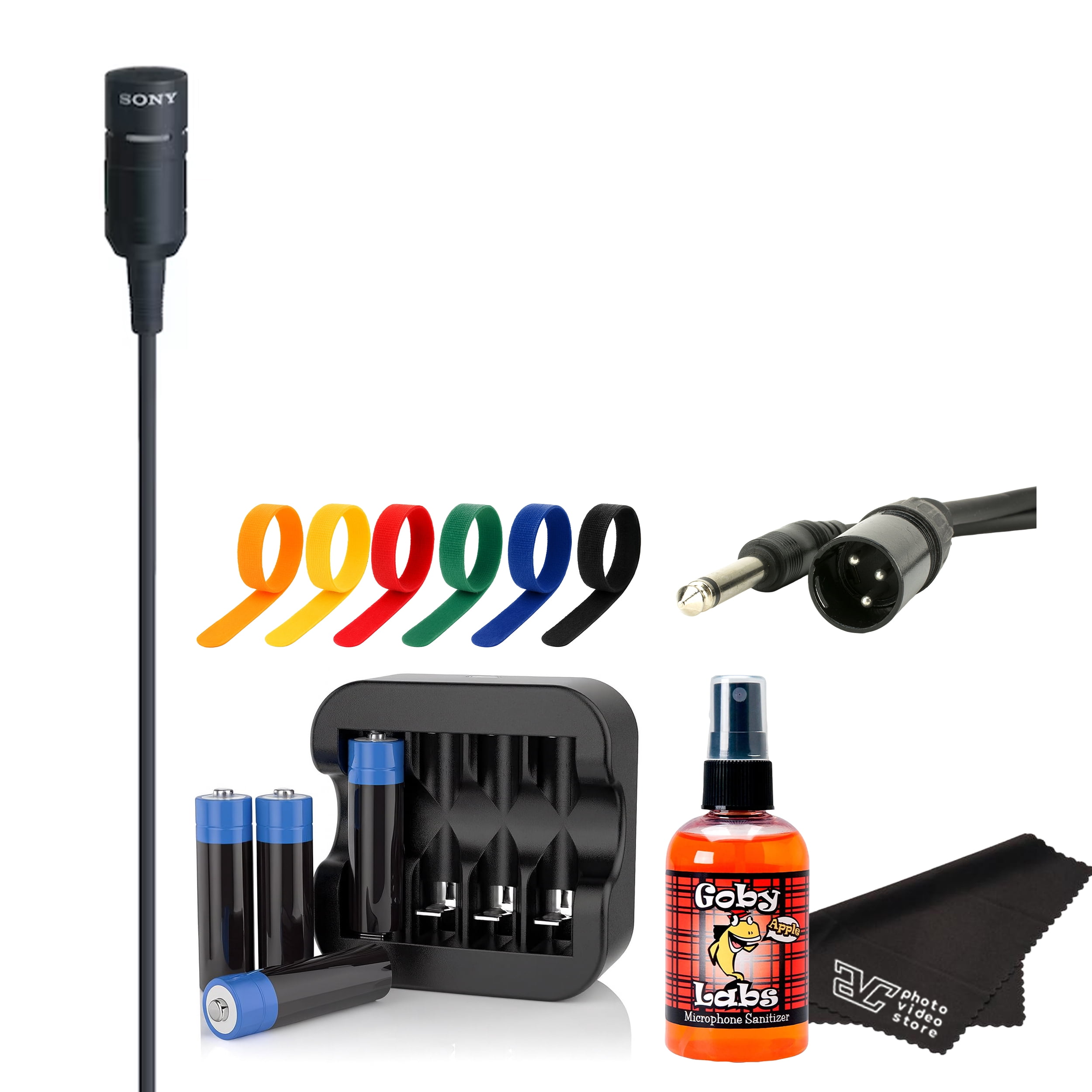 Sony ECM-66B Unidirectional Lavalier Condenser Microphone – Professional Lapel Mic with XLR Connector – Ideal for Theater, Presentations, & Interviews + 4x AA w/ Charger + XLR to 1/4 TRS + More