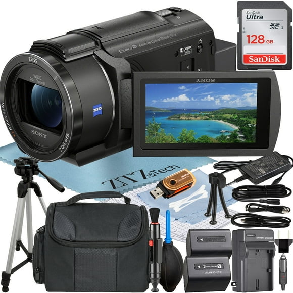 Sony FDR-AX43 4K Ultra HD Handycam Camcorder with 128GB SanDisk Memory Card + Case + Tripod + ZeeTech Accessory Bundle