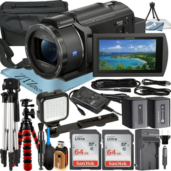 Sony FDR-AX43 4K Ultra HD Handycam Camcorder with 2 Pack 64GB SanDisk Memory Card + Case + Tripod + ZeeTech Accessory Bundle
