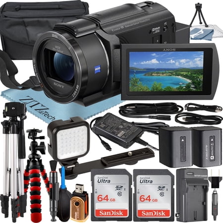 Sony FDR-AX43 4K Ultra HD Handycam Camcorder with 2 Pack 64GB SanDisk Memory Card + Case + Tripod + ZeeTech Accessory Bundle (International Version)