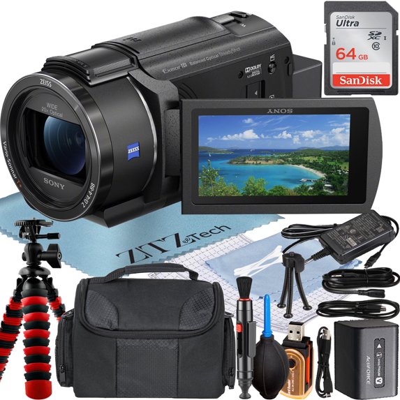 Sony FDR-AX43 4K Ultra HD Handycam Camcorder with Tripod + Camcorder Case + 64GB Memory Card + Cleaning Kit + ZeeTech Accessory Bundle (International Version)