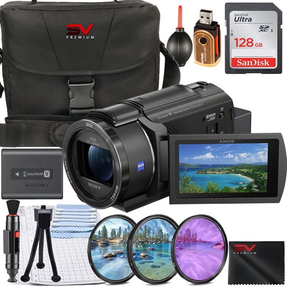 Sony FDR-AX43 UHD 4K Handycam Lightweight Compact Camcorder with 128GB Memory Card + Case + SV Premium Accessory Bundle