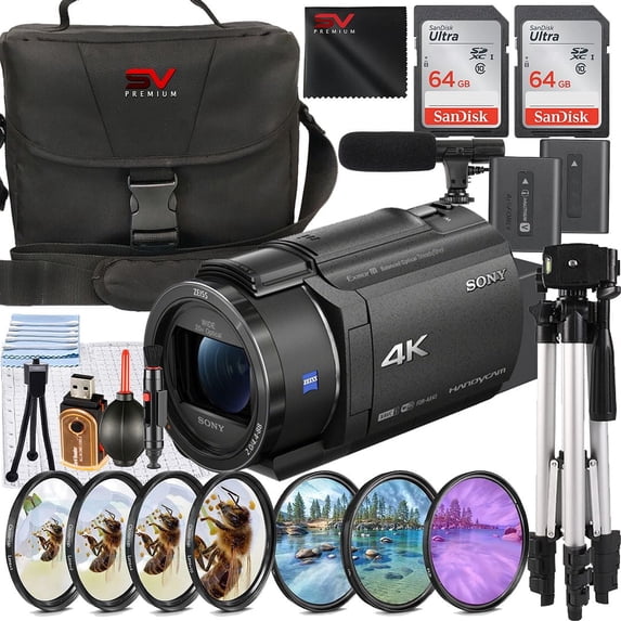 Sony FDR-AX43 UHD 4K Handycam Lightweight Compact Camcorder with 2 Pack 64GB SanDisk Memory Card + Case + Filter Kit + SV Premium Accessory Bundle