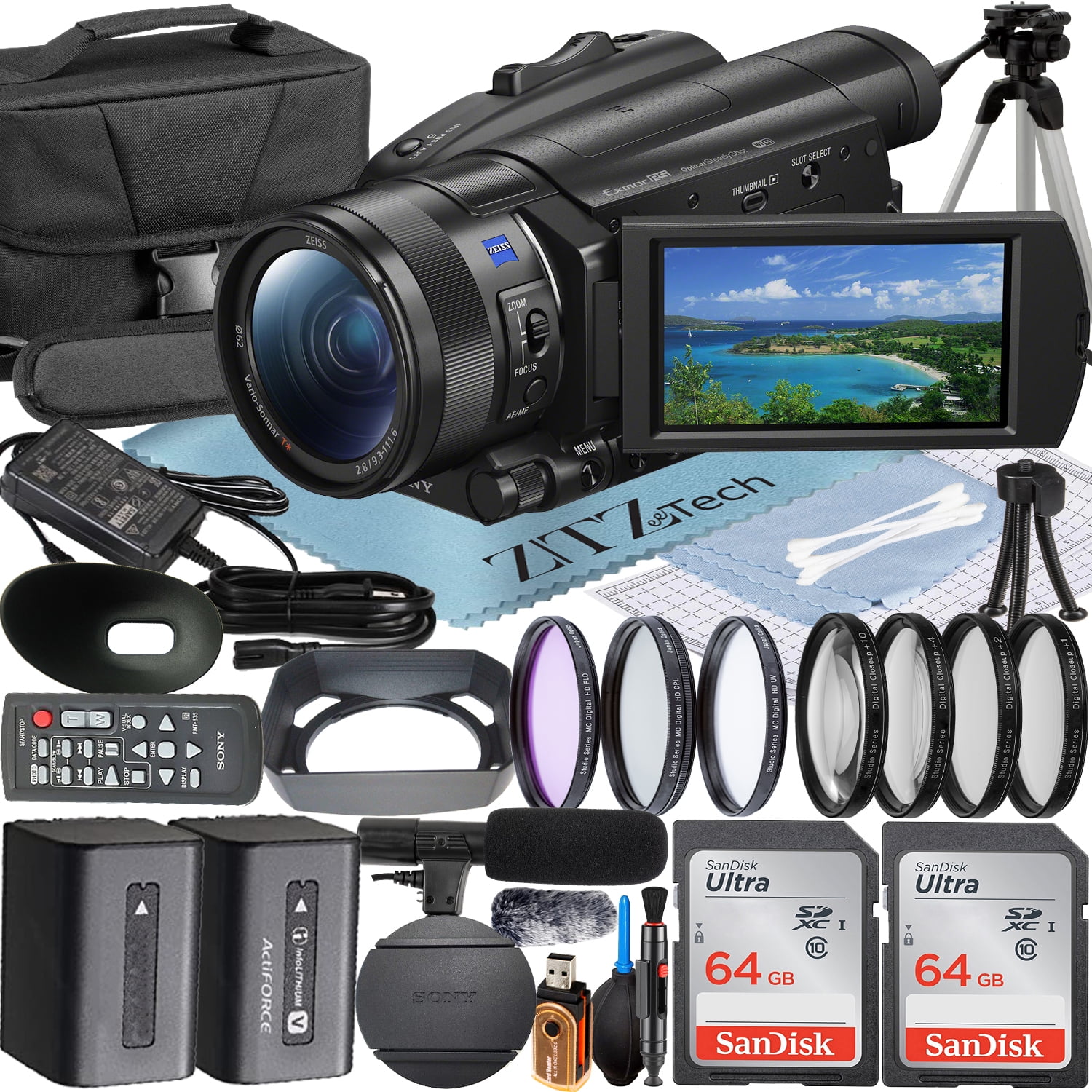 Sony FDR-AX700 4K HDR Camcorder with 2 Pack 64GB Memory Card + 