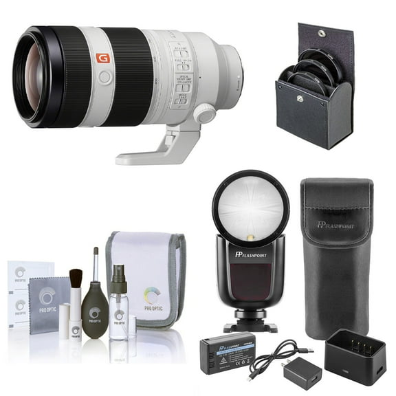 Sony FE 100-400mm f/4.5-5.6 GM OSS Lens for Sony E, Bundle with Flashpoint Zoom Li-on X R2 TTL On-Camera Round Flash Speedlight, 77mm Filter Kit, Cleaning Kit