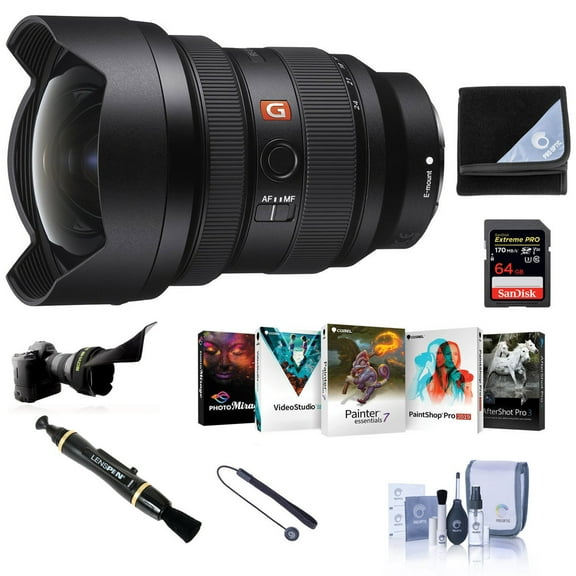 Sony FE 12-24mm f/2.8 GM Lens for Sony E-Mount Bundle with 64GB SD Card, Lens Shade, Wrap, Cleaner, Corel PC Software Kit and Accessories