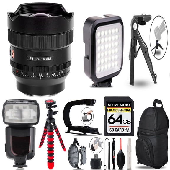 Sony FE 14mm f/1.8 GM Lens + LED Light + Tripod - 64GB Accessory Bundle (International Version)