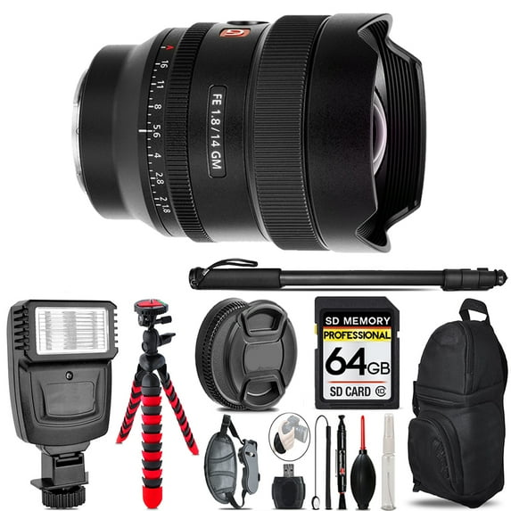 Sony FE 14mm f/1.8 GM Lens - Video Kit + Flash - 64GB Accessory Bundle (International Version)