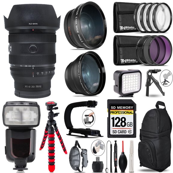 Sony FE 20-70mm f/4 G Lens for Sony E + LED Light + Tripod - 128GB Accessory Bundle (International Version)