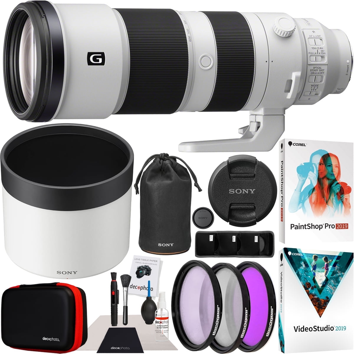 Sony FE 200-600mm F5.6-6.3 G OSS Lens Full Frame Super Telephoto Zoom SEL200600G Professional Lens Bundle with UV FLD CPL Filter Kit + Photo Video Editing Software Kit and Deco Gear Accessories Set