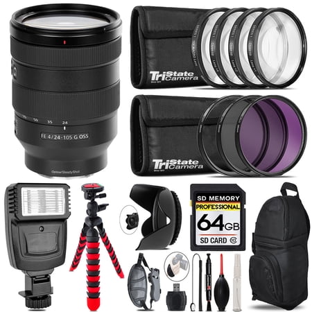 Sony FE 24-105mm f/4 G OSS Lens+ Flash + Tripod & More - 64GB Accessory Kit (International Version)