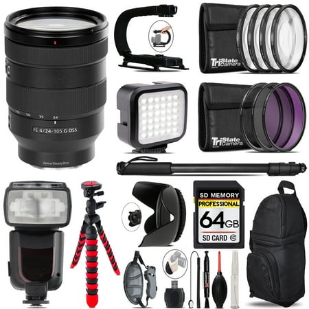 Sony FE 24-105mm f/4 G OSS Lens+ LED Flash+ Bag - 64GB Accessory Bundle (International Version)