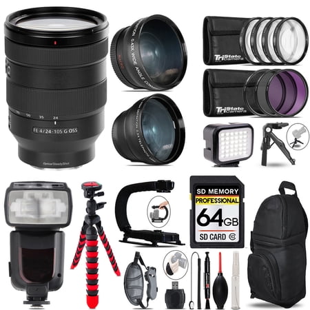 Sony FE 24-105mm f/4 G OSS Lens+ LED Light + Tripod - 64GB Accessory Bundle (International Version)