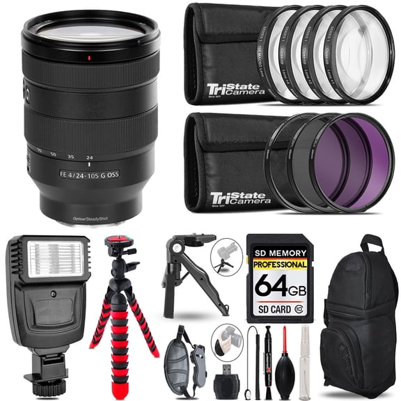 Sony FE 24-105mm f/4 G OSS Lens+ Slave Flash + MACRO, UV-CPL-FLD - 64GB Accessory Bundle