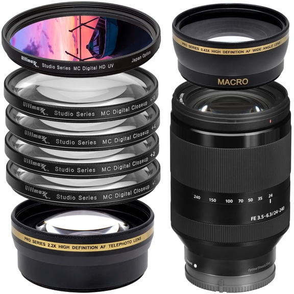 Sony FE 24-240mm f/3.5-6.3 OSS Lens (International Model) with Filter & Accessory Bundle .43X Wide Angle Lens w/ Macro, 2.2X Telephoto Lens, Professional UV Filter & More