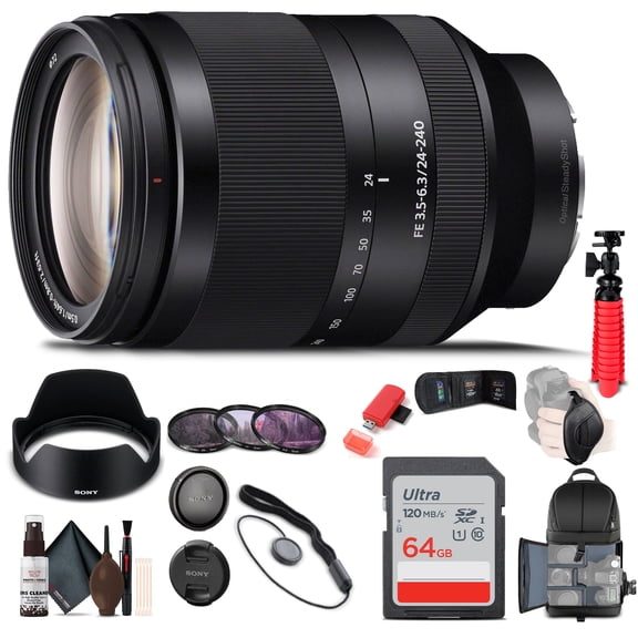 Sony FE 24-240mm f/3.5-6.3 OSS Lens (SEL24240)  Full-Frame E-Mount | 10x Zoom Range | OSS Stabilization | 64GB Card, Backpack, Flex Tripod & More