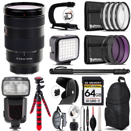 Sony FE 24-70mm f/2.8 GM Lens + LED Flash+ Bag - 64GB Accessory Bundle (International Version)